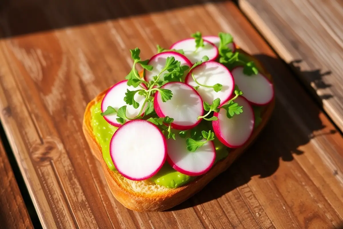 What to pair with avocado toast? Avocado toast with radishes and microgreens.