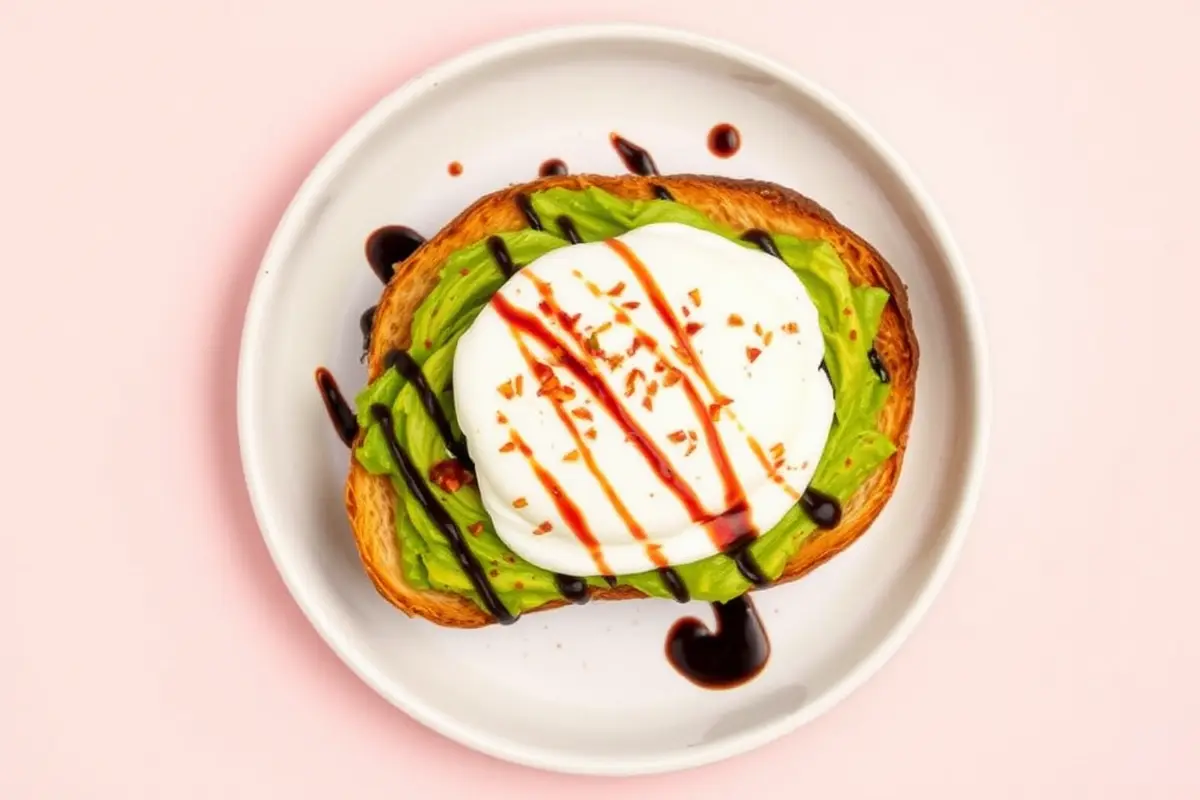 Avocado toast with poached egg and chili flakes.