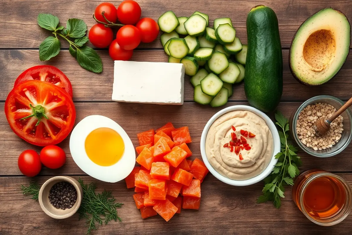 Fresh ingredients for avocado toast displayed on a wooden table.