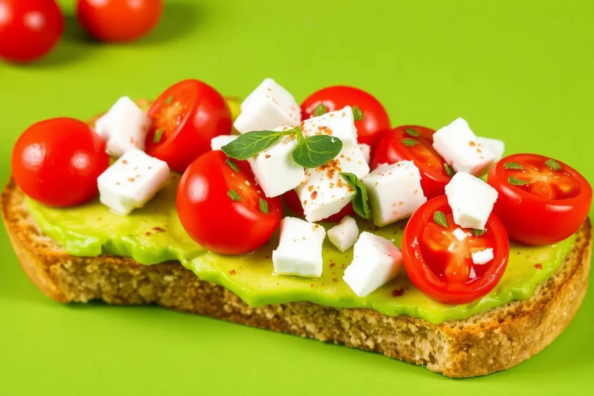 Avocado toast with cherry tomatoes and feta cheese.