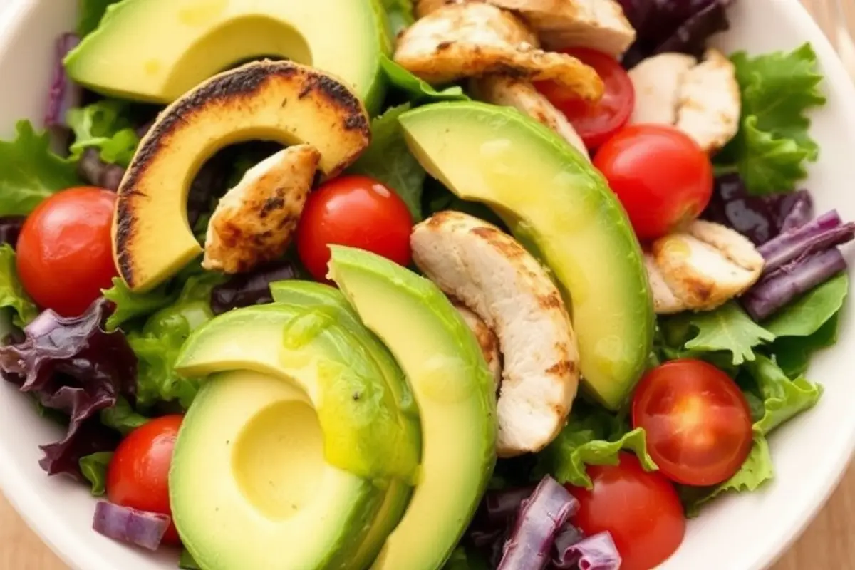 Colorful avocado salad with grilled chicken.