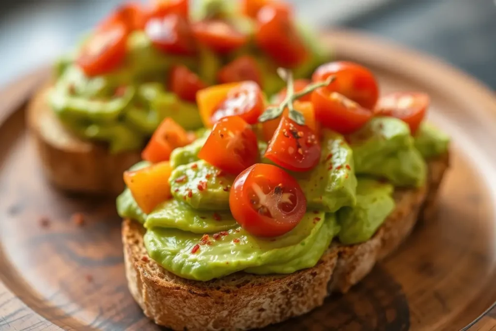 Close-up of avocado toast with cherry tomatoes and red pepper flakes