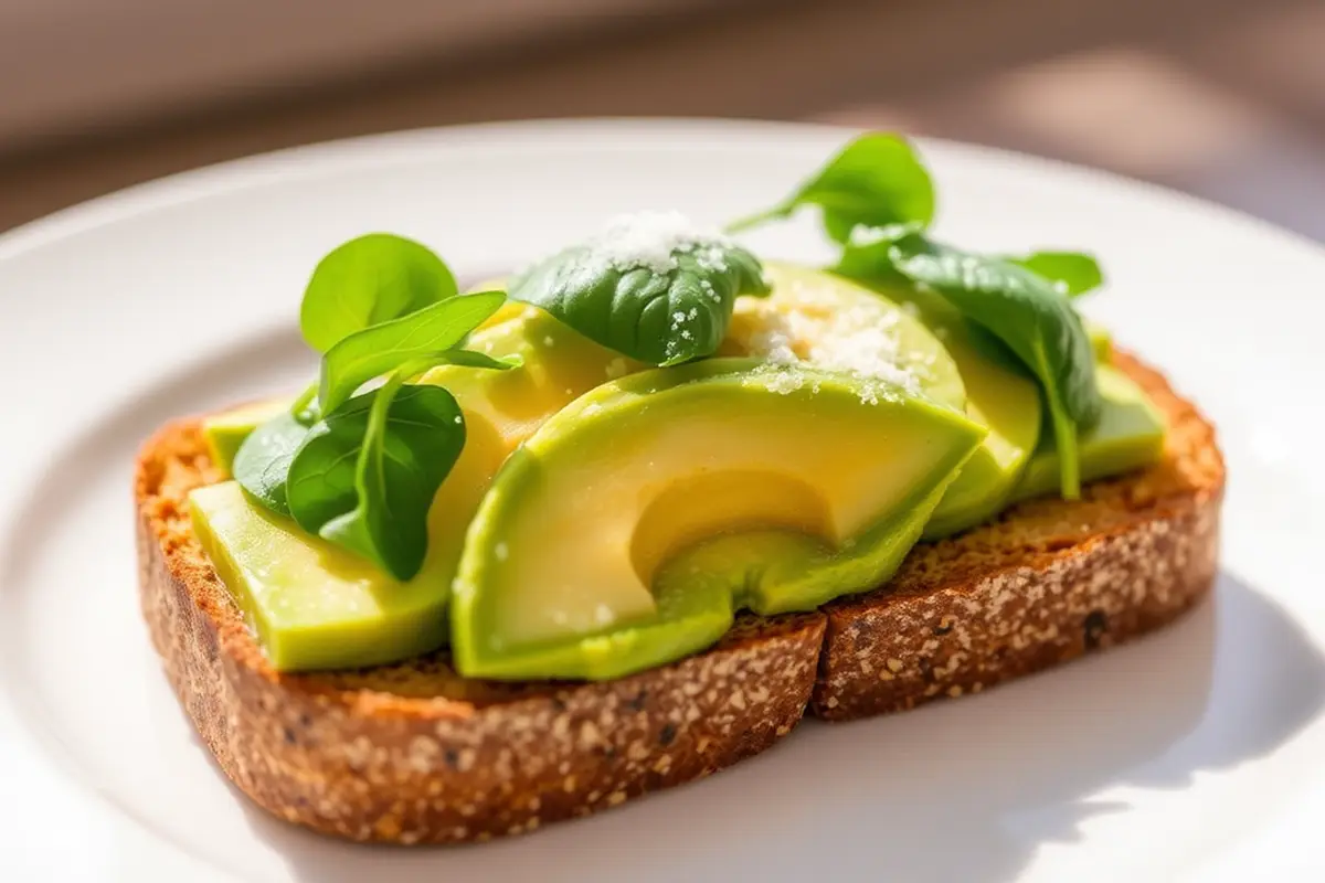 Avocado toast garnished with spinach and salt on whole grain bread