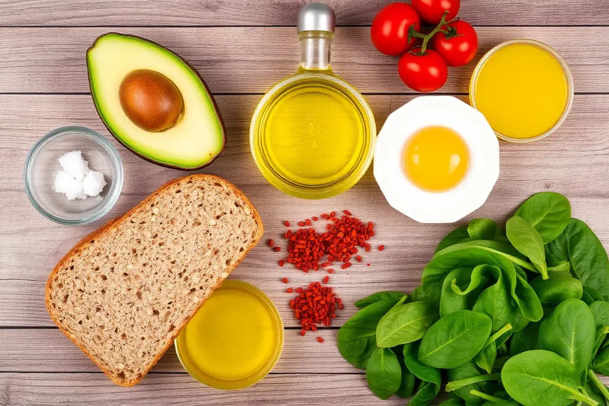 Fresh ingredients for healthy avocado toast arranged on wooden table