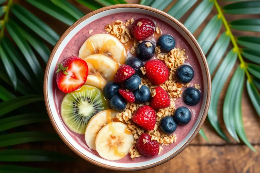 Colorful breakfast smoothie bowl with fruits, honey, and granola.