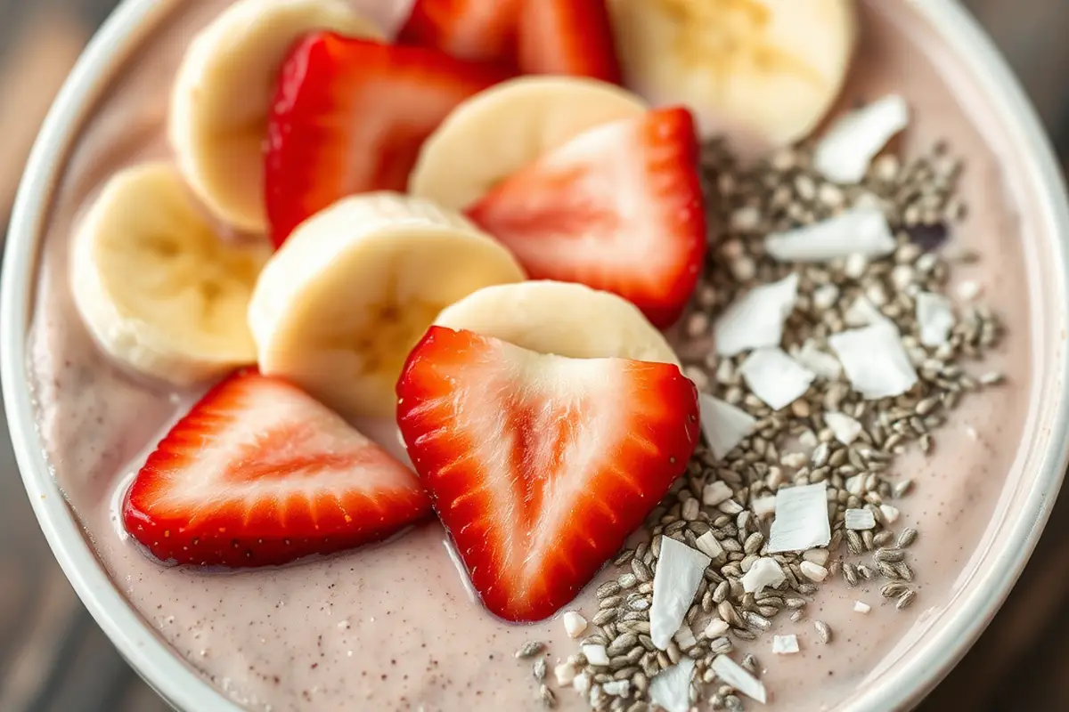 Close-up of a creamy breakfast smoothie bowl with fruit toppings and chia seeds.