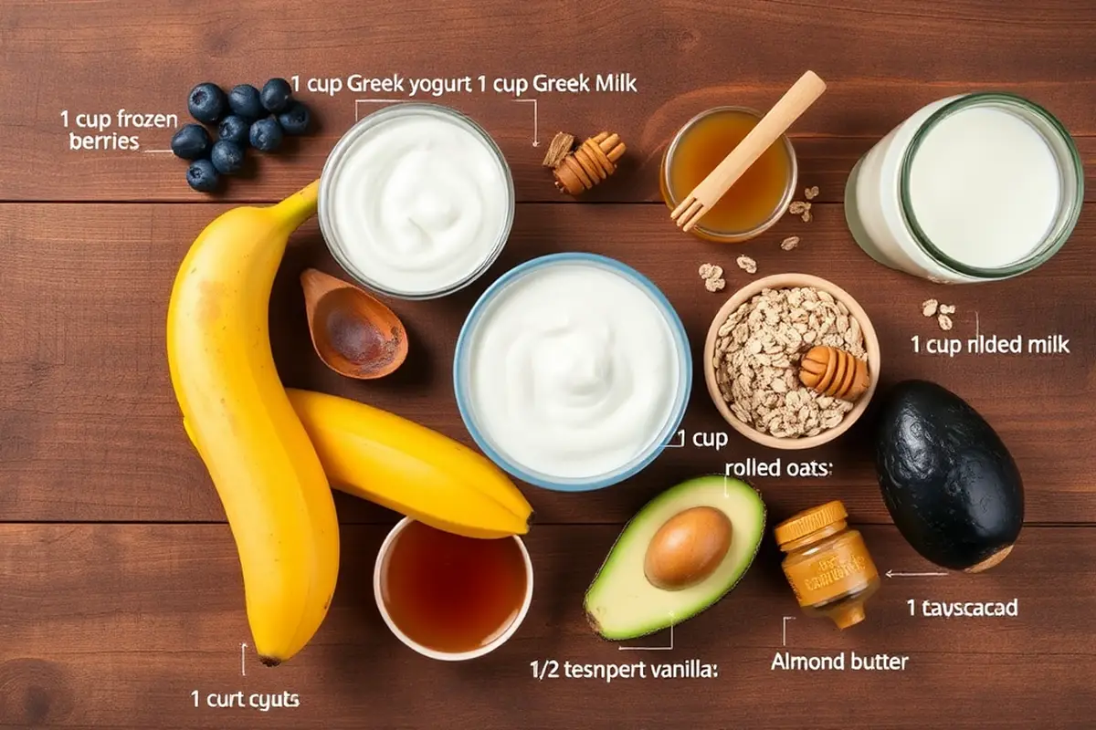 Fresh ingredients for a breakfast smoothie bowl arranged on a rustic table.