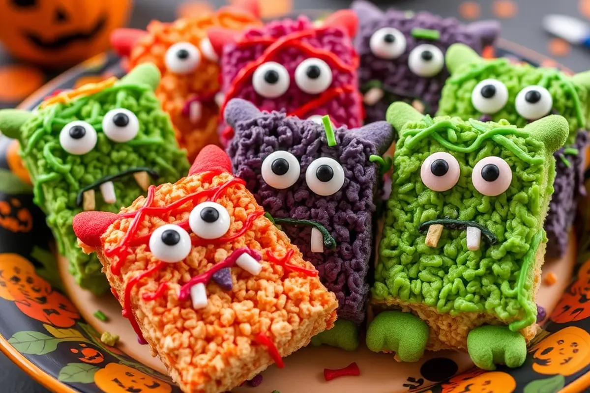 Close-up of Monster Rice Krispie Treats decorated for Halloween