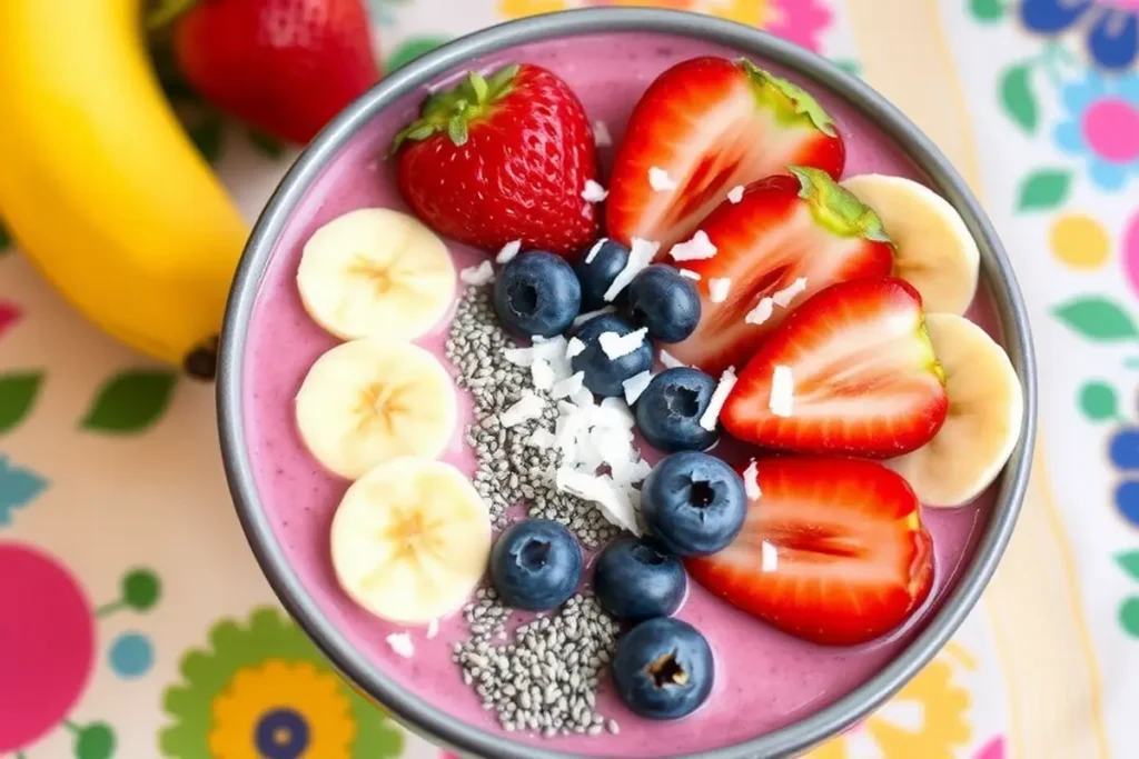 A colorful smoothie bowl with fresh fruits and toppings.