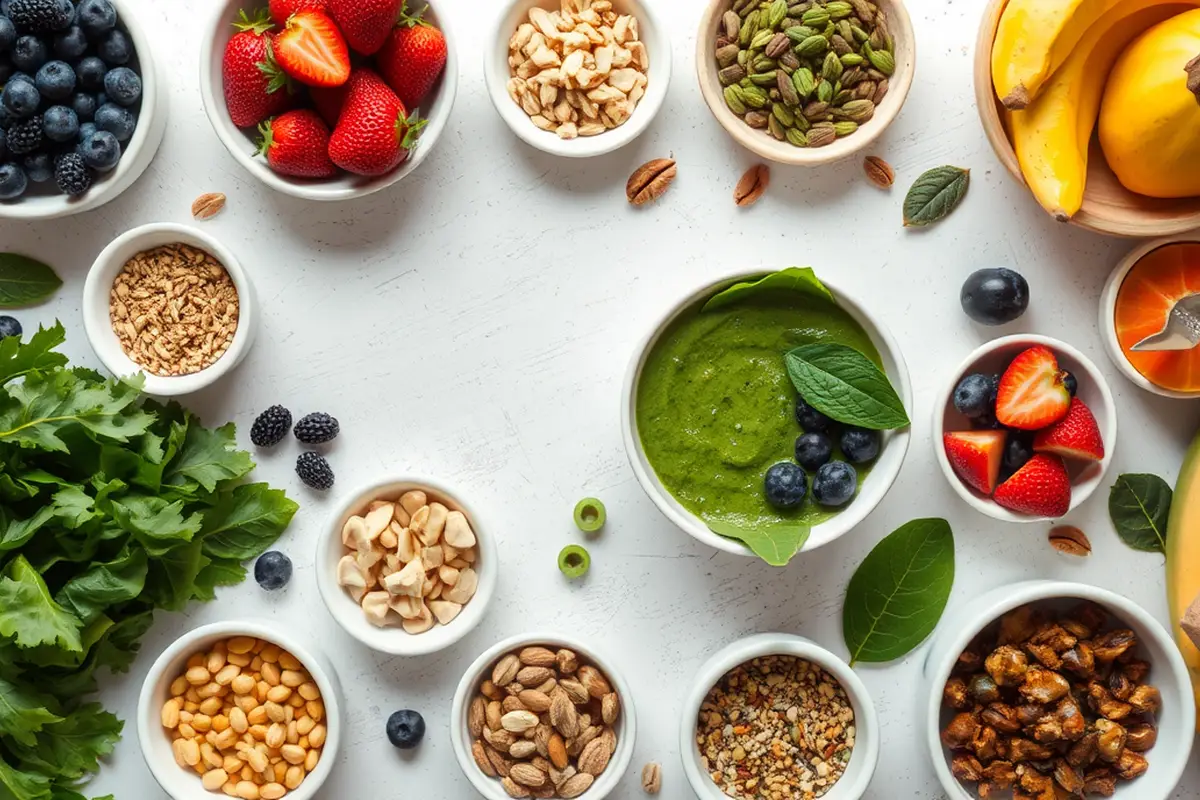 Array of ingredients for making smoothie bowls displayed on a table.