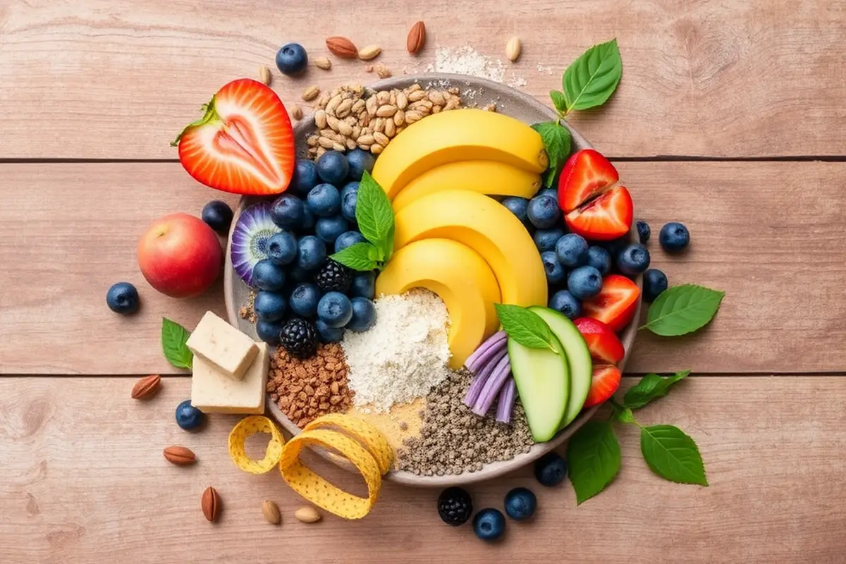 Artfully arranged ingredients for smoothie bowls on a rustic table.