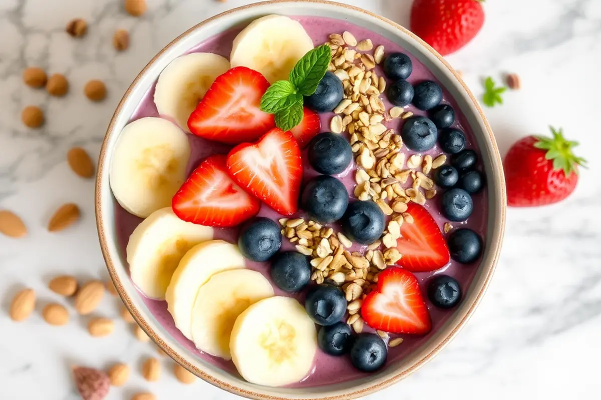 Colorful smoothie bowl enriched with fruits and nuts.