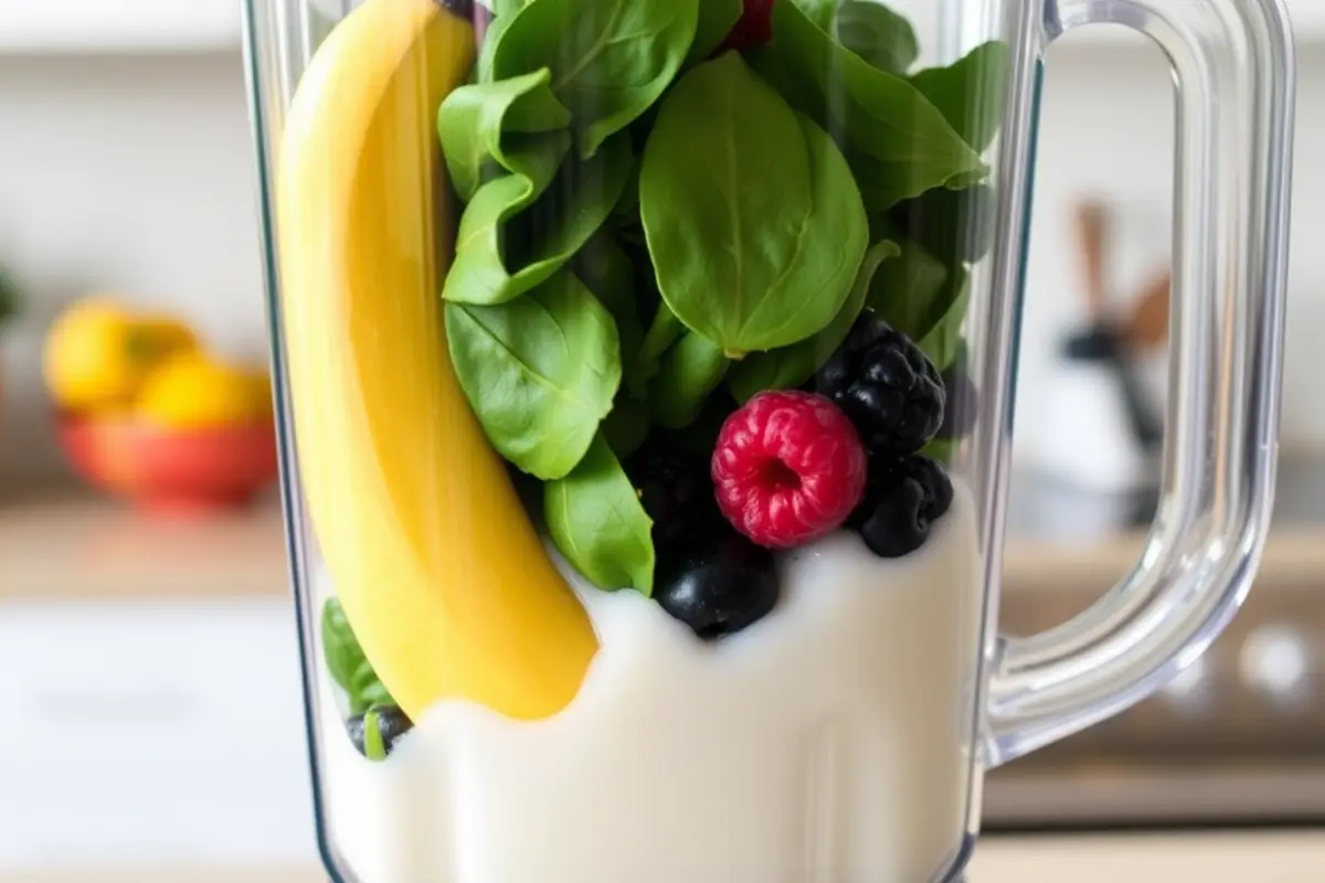 Blender filled with smoothie bowl ingredients.