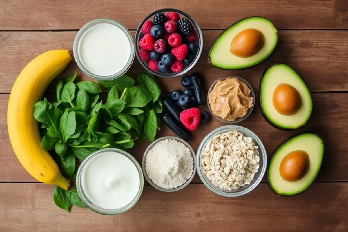 Fresh ingredients for a smoothie bowl arranged on a wooden table.