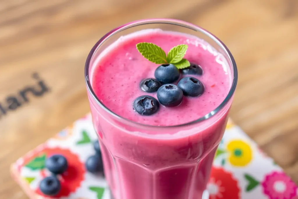 A bright pink smoothie in a clear glass garnished with fresh blueberries and strawberries.