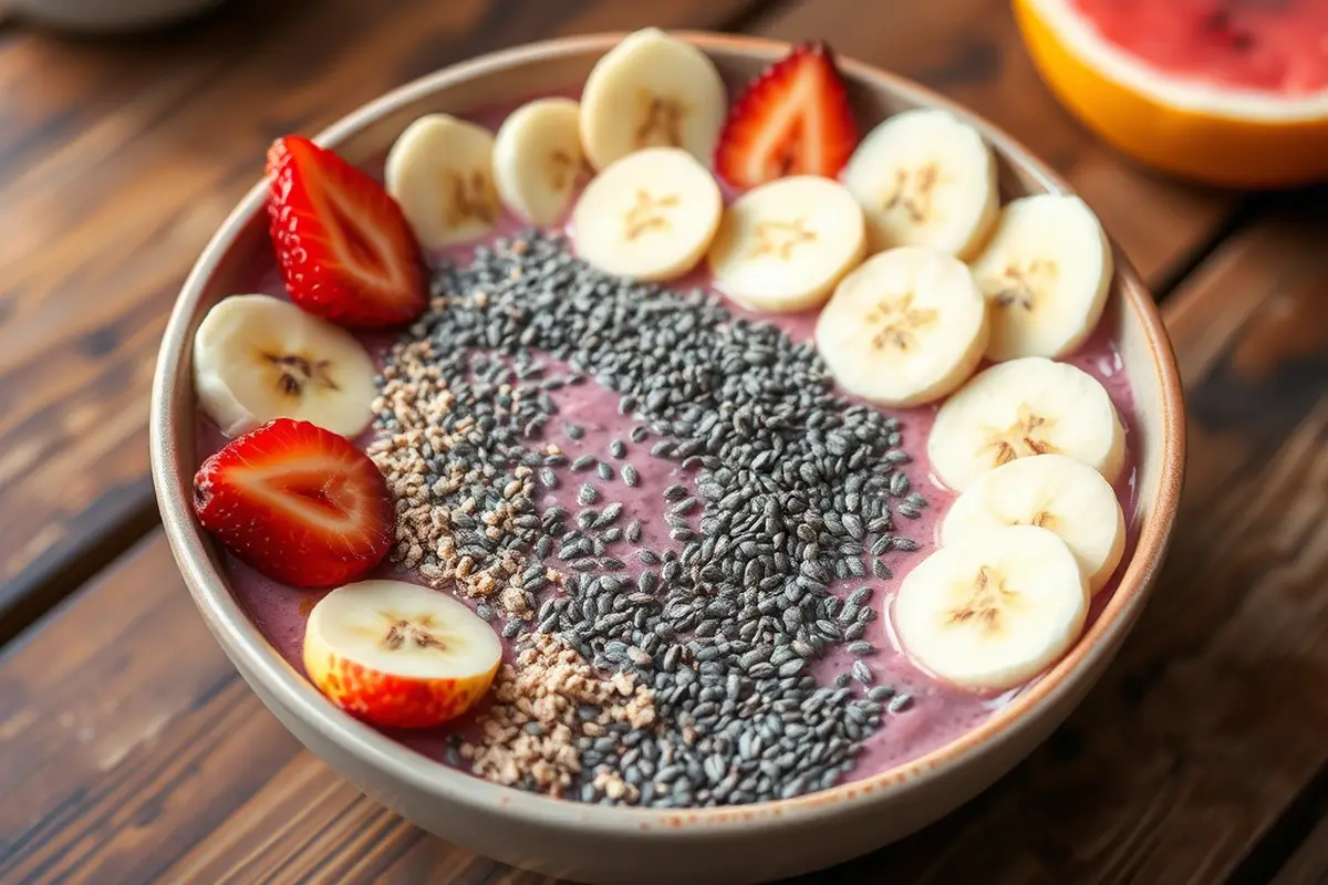 A smoothie bowl topped with sliced bananas, chia seeds, and assorted colorful fruits.