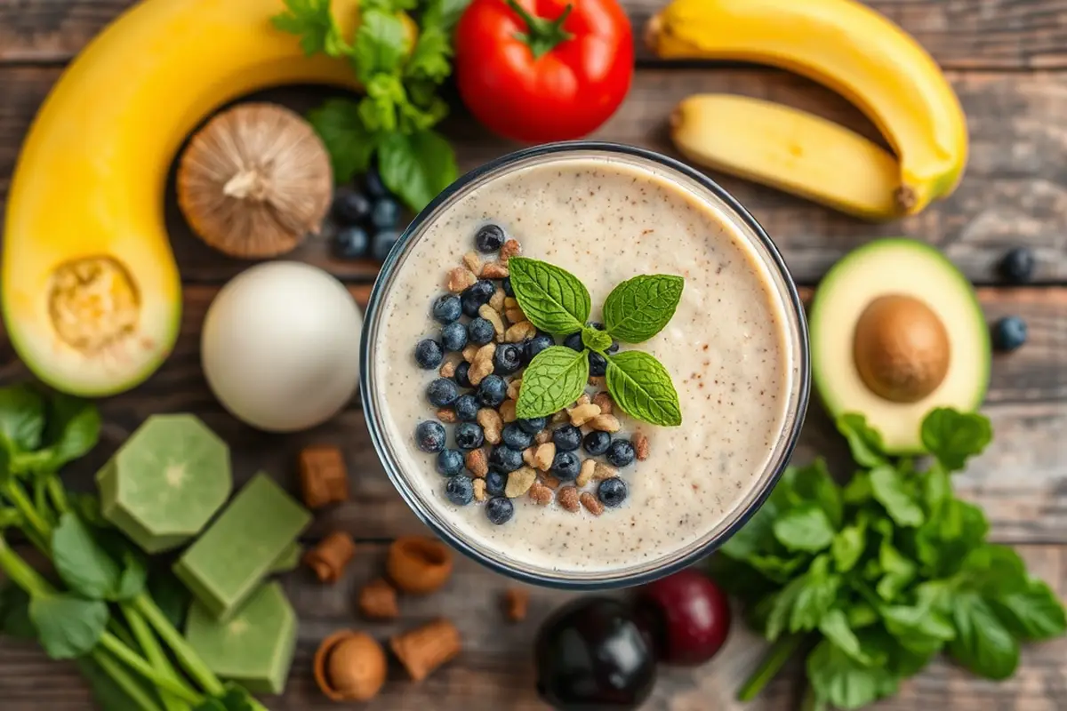 Aerial view of smoothie and smoothie bowl ingredients arranged on a rustic table.