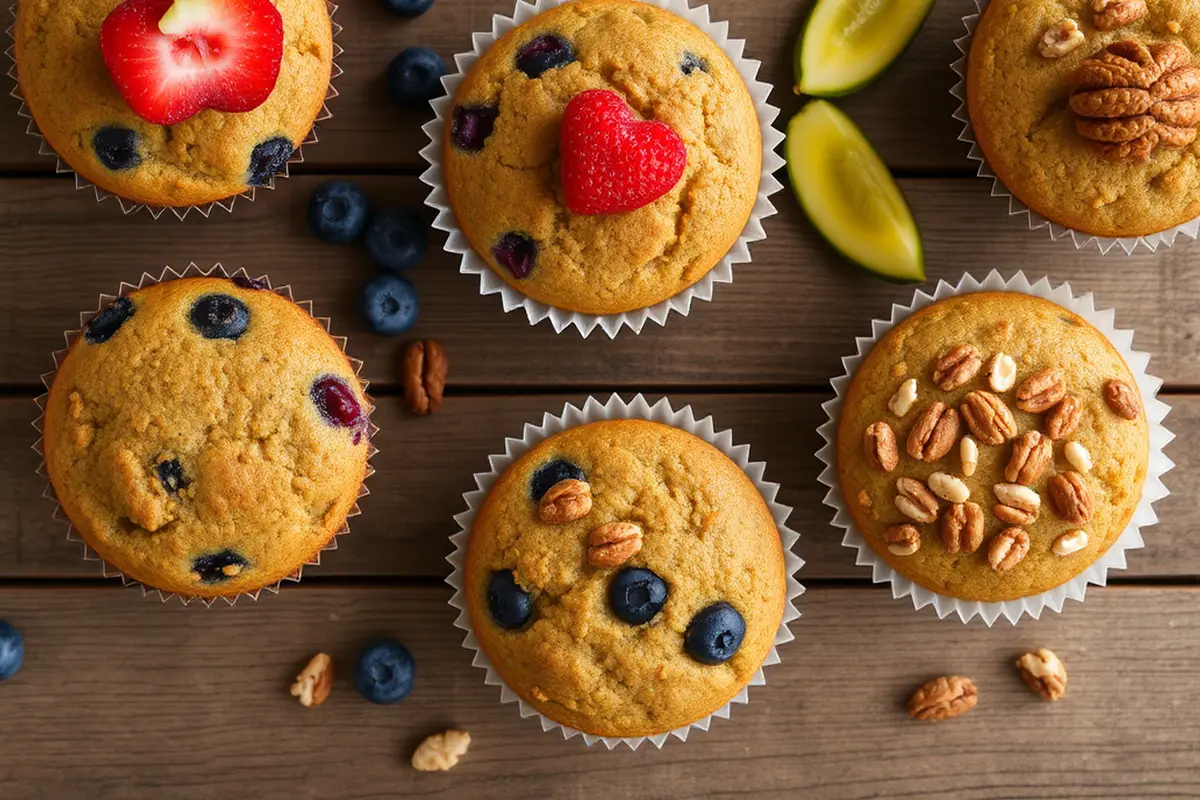 Variety of healthy breakfast muffins on a wooden table