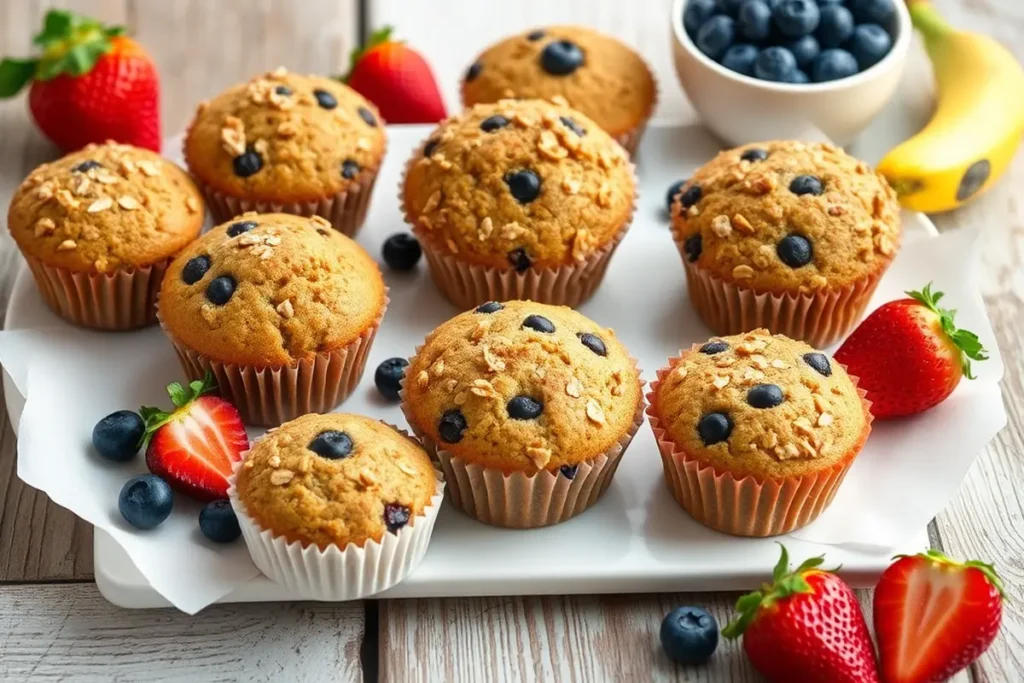 Healthy muffins for breakfast spread with fruits.