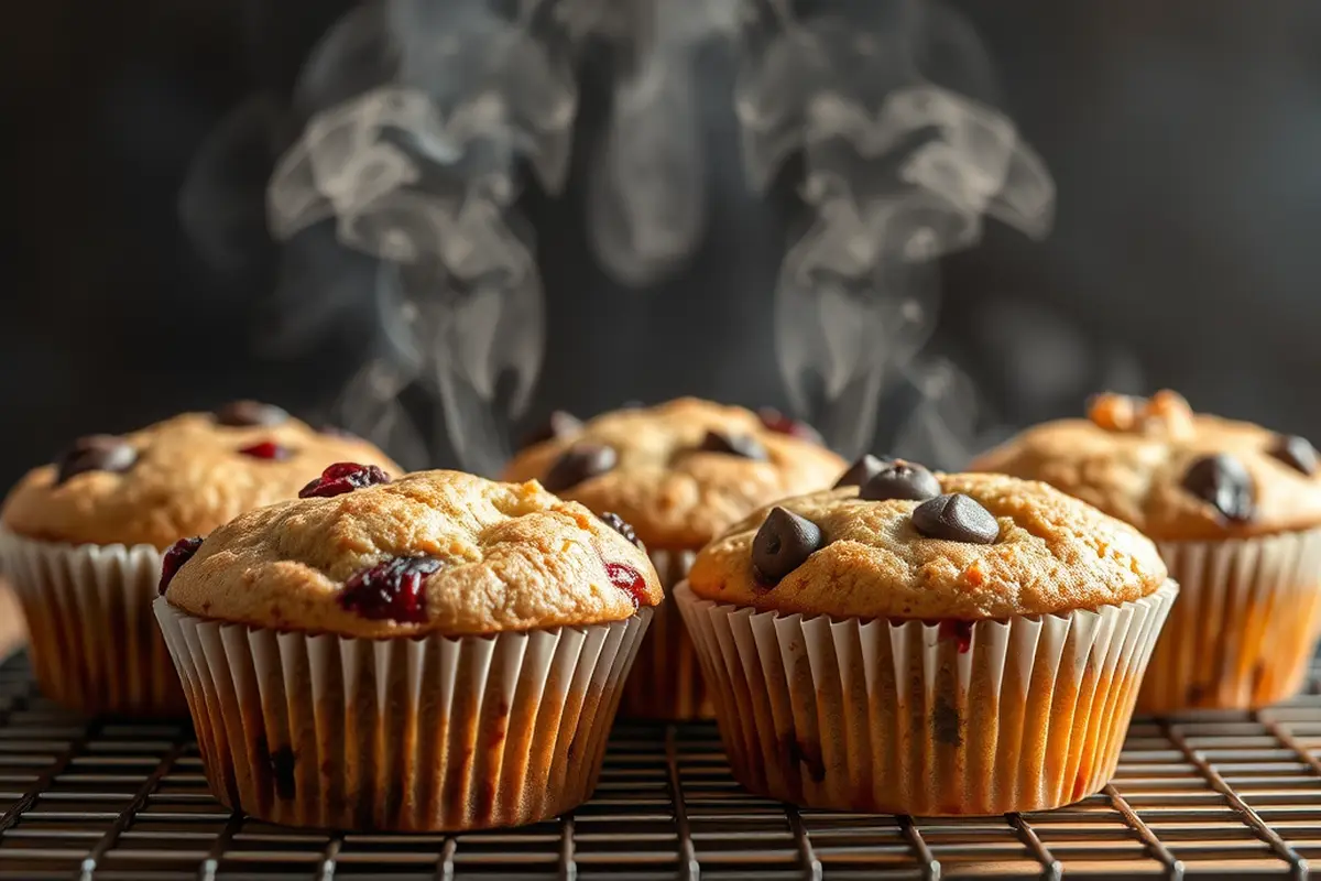 Freshly baked muffins cooling on a wire rack.