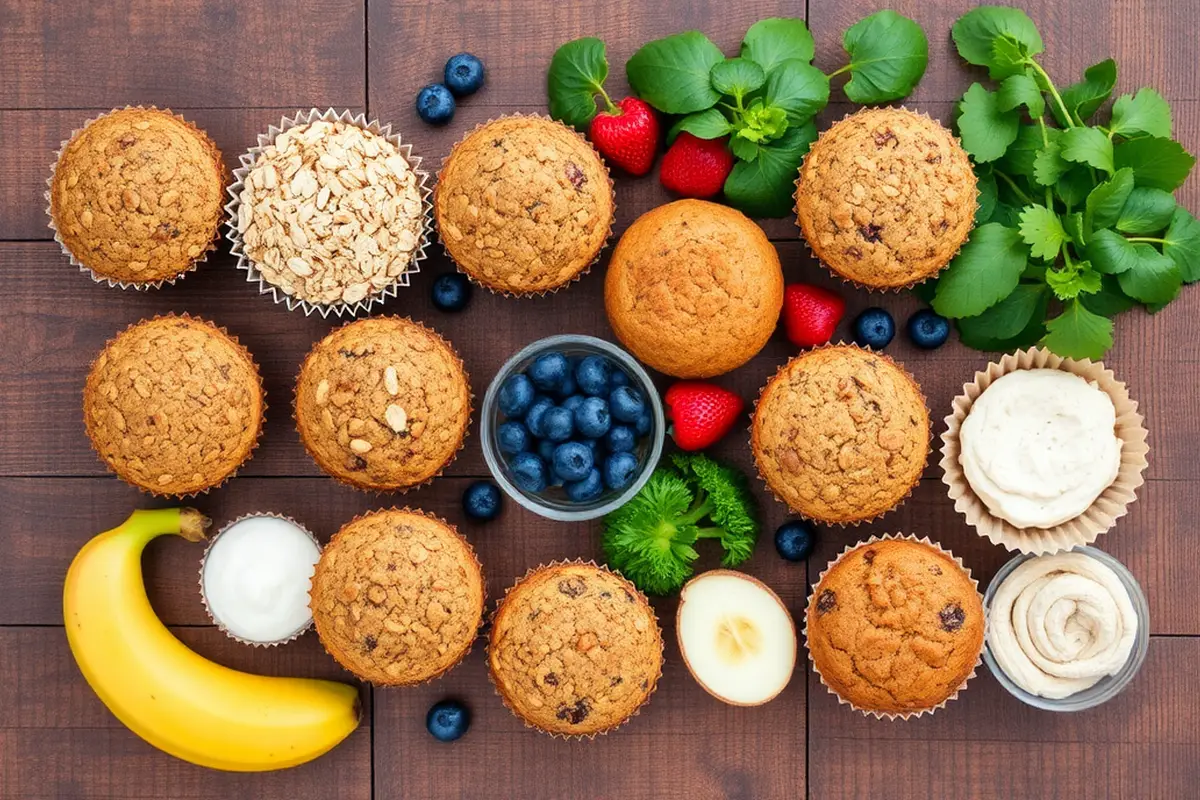 Assorted healthy muffin ingredients on a rustic table.