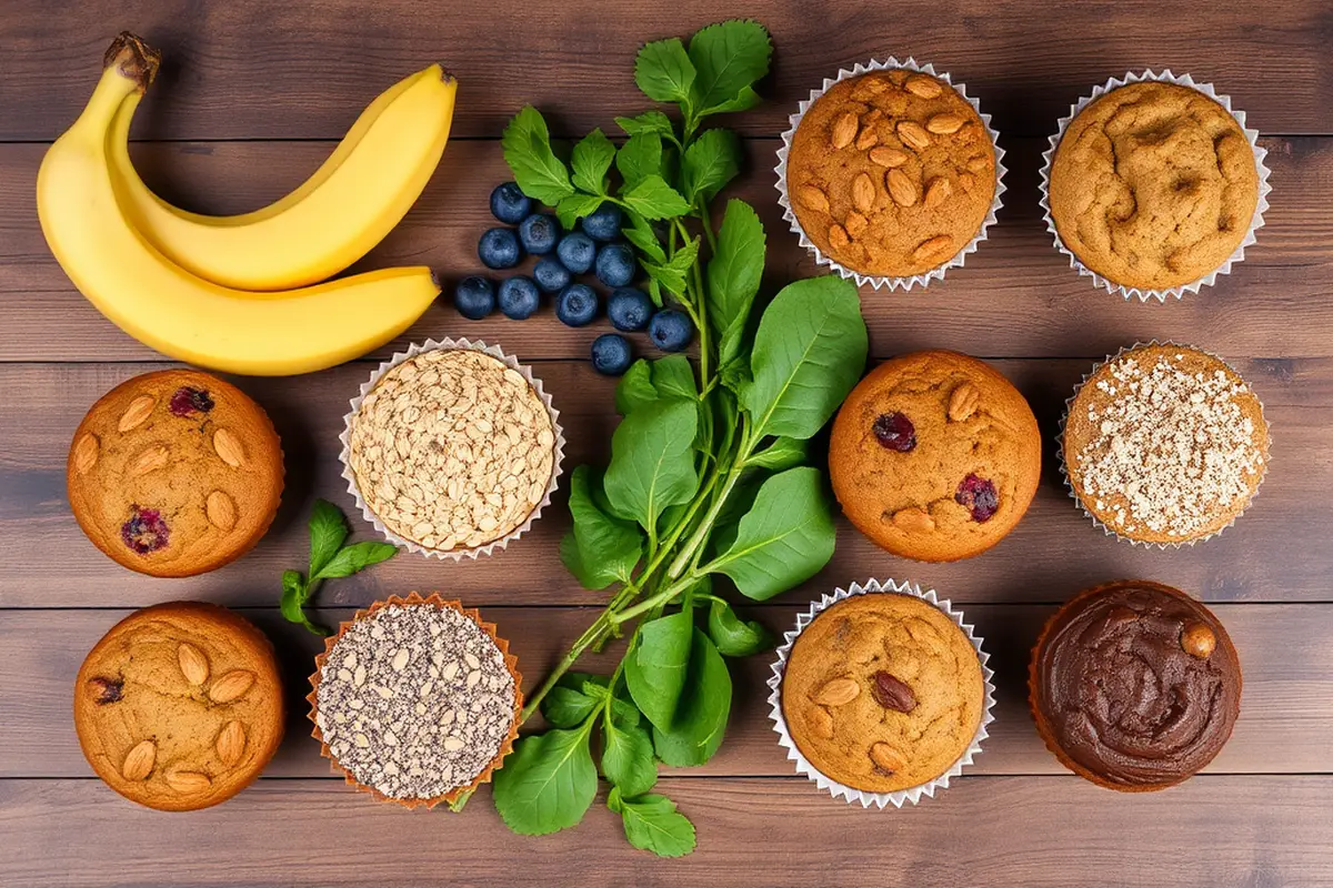 Fresh ingredients for healthy muffins on a rustic wooden table