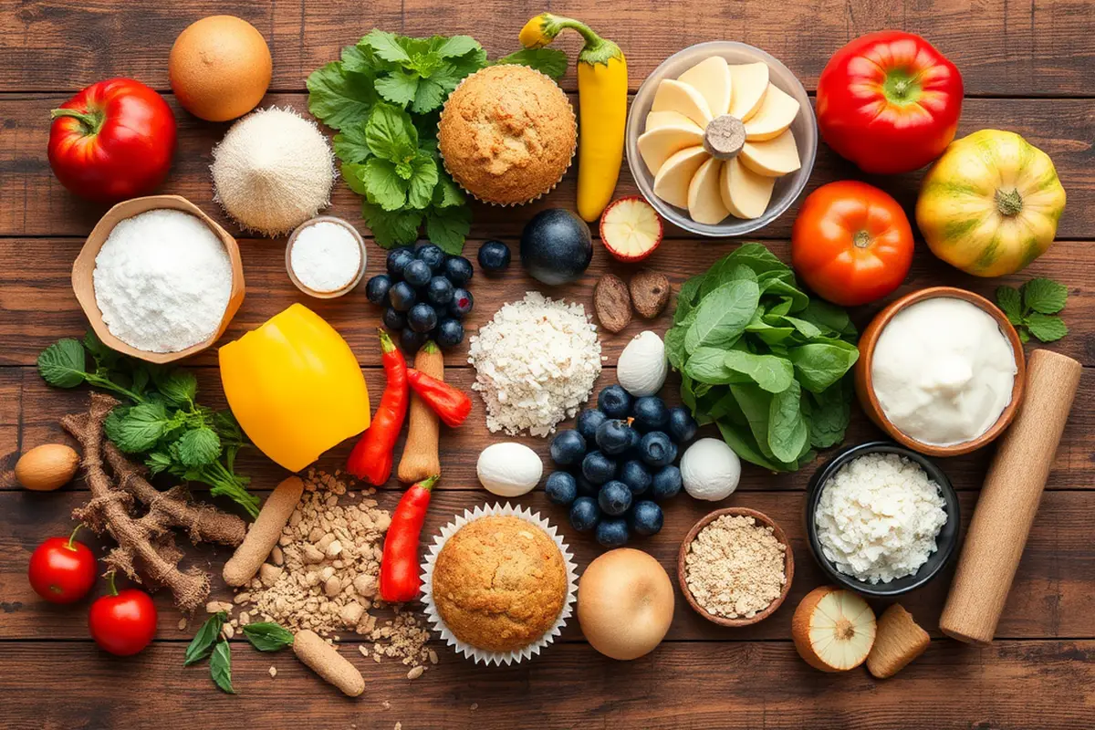 Fresh muffin ingredients on a rustic table