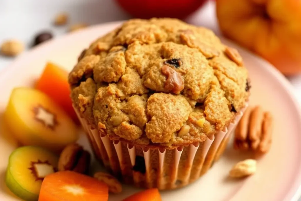 Close-up of a morning glory muffin with vibrant fruits and nuts.