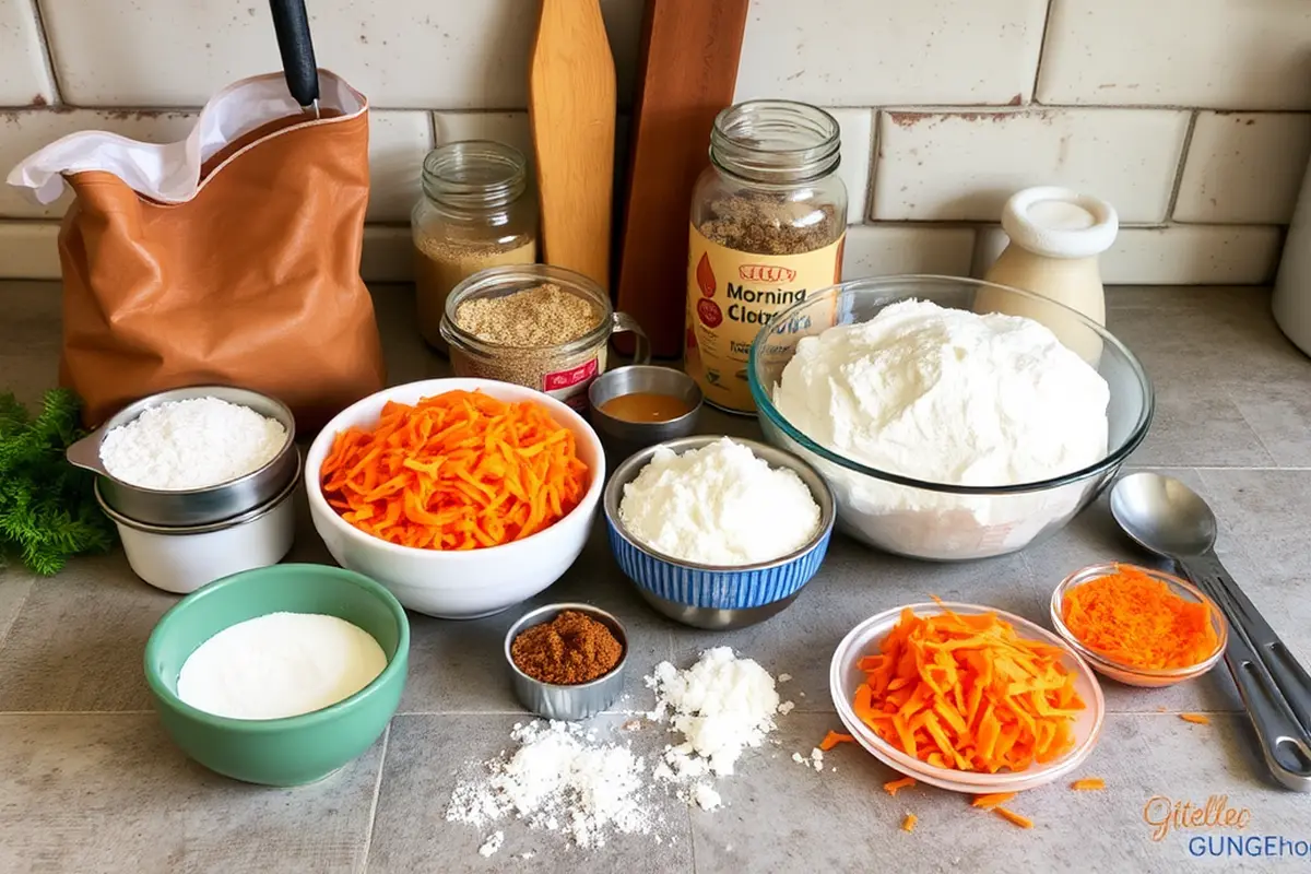 Ingredients for morning glory muffins arranged on a kitchen countertop.