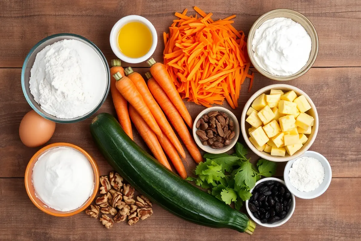 Fresh ingredients for morning glory muffins arranged artistically on a wooden table.