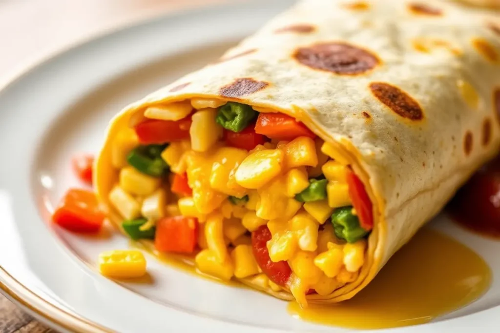 A colorful breakfast burrito with eggs, cheese, and vegetables garnished with salsa.