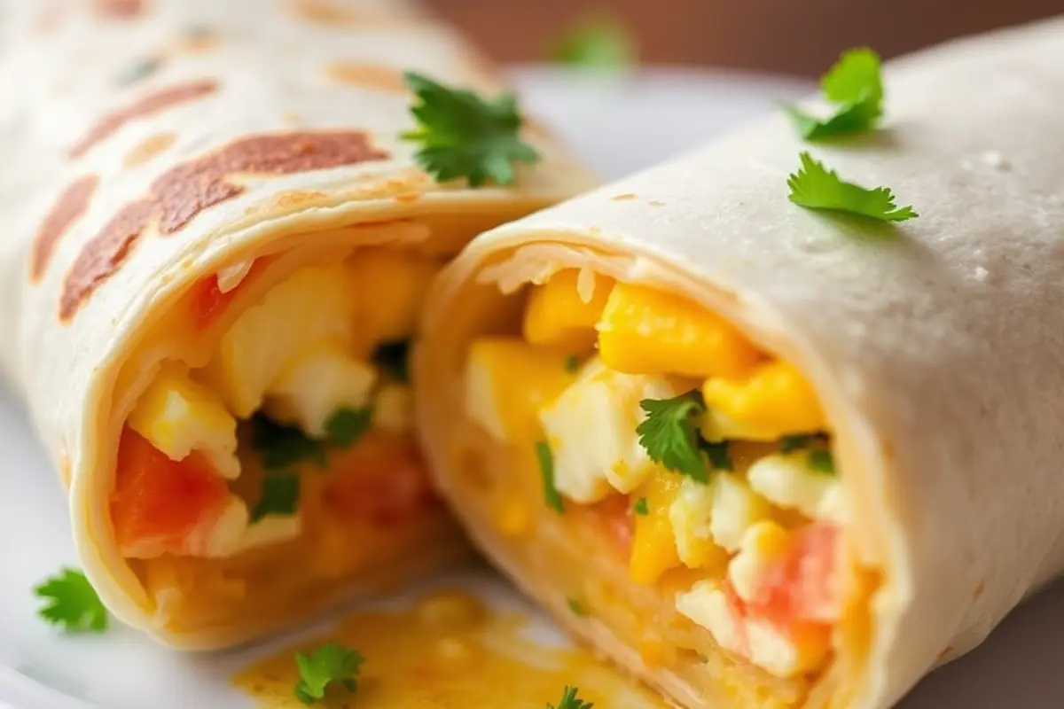 A half-eaten breakfast burrito showcasing its delicious fillings.