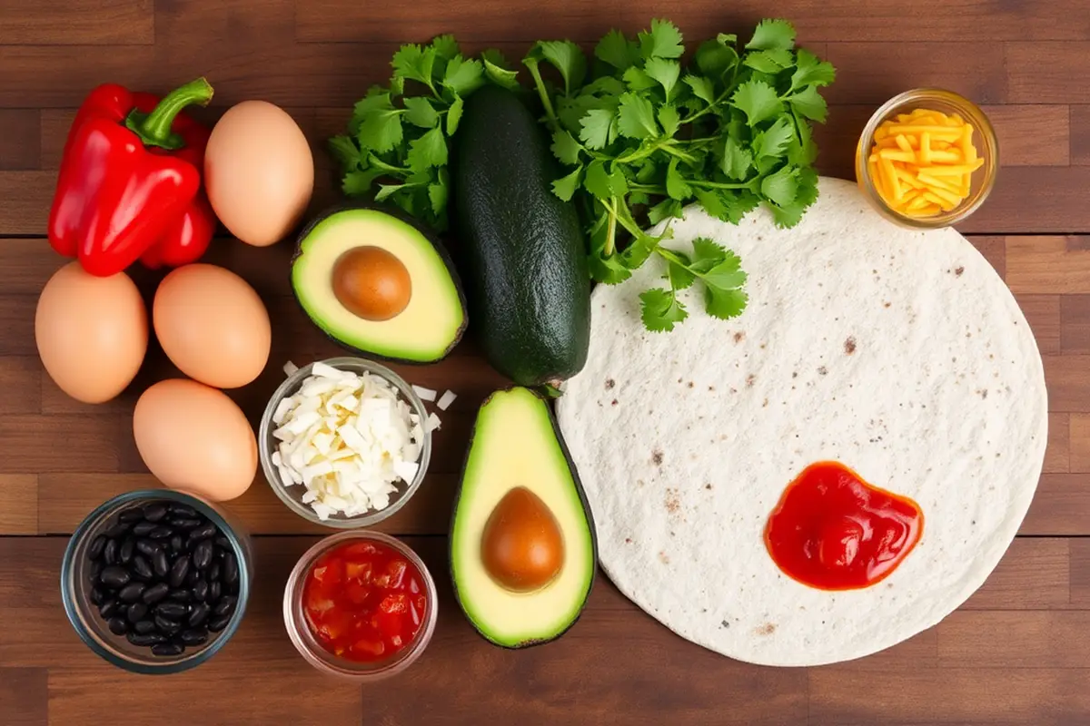 Fresh ingredients for breakfast burrito arranged on a wooden table.