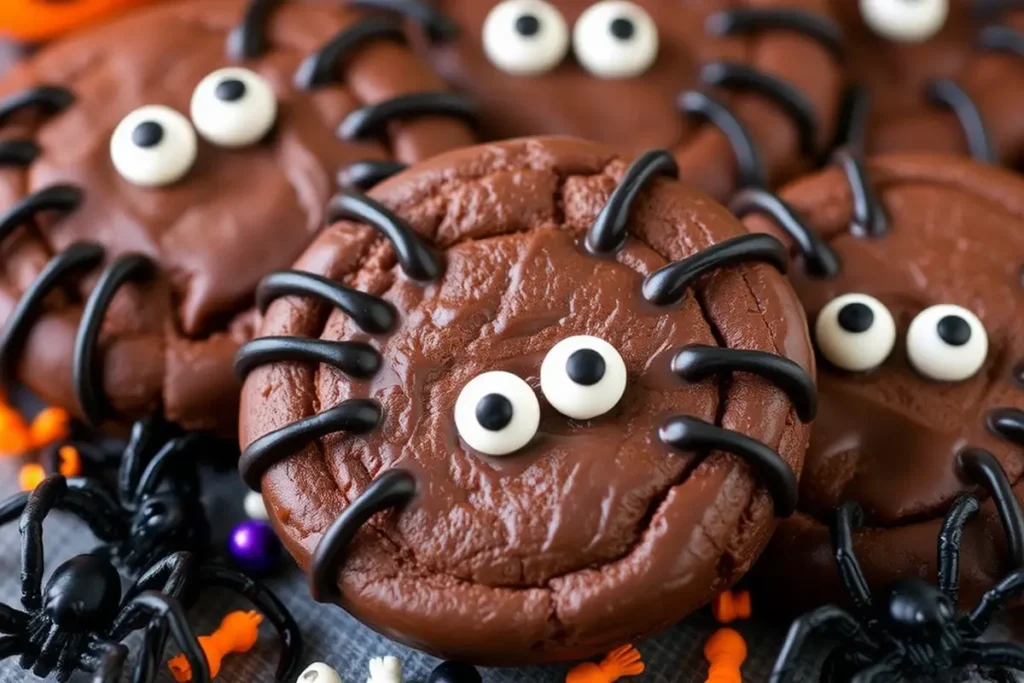 Chocolate Spider Cookies decorated for Halloween