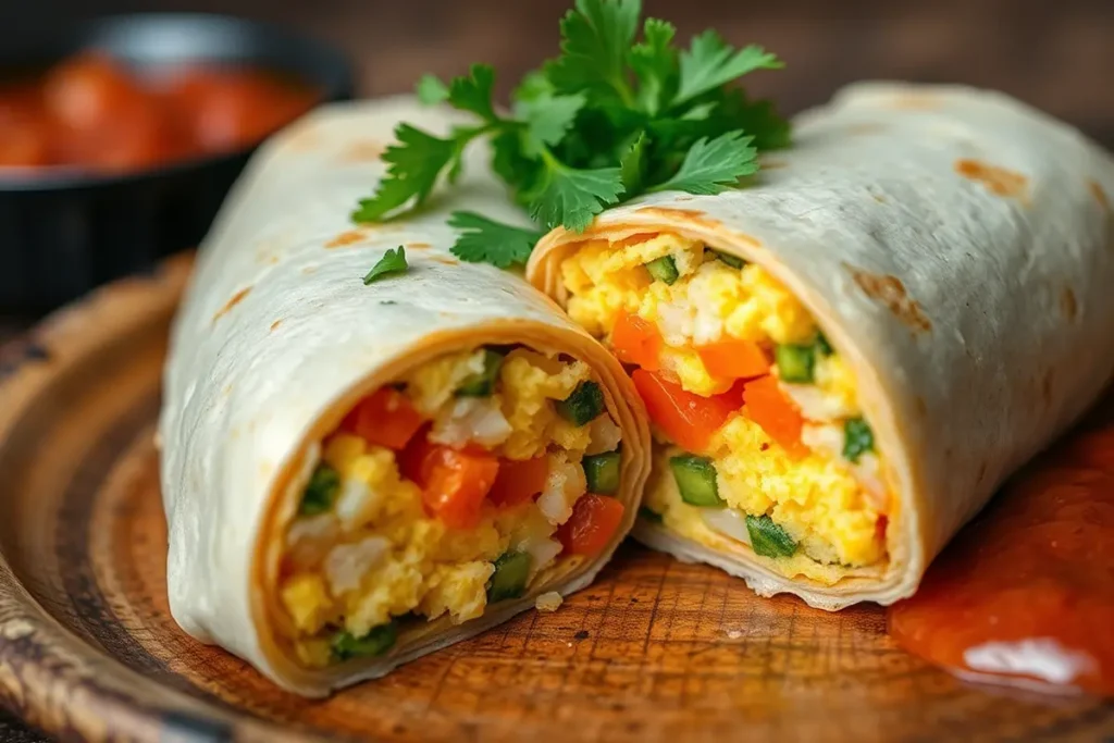 Delicious breakfast burrito cut in half with colorful ingredients