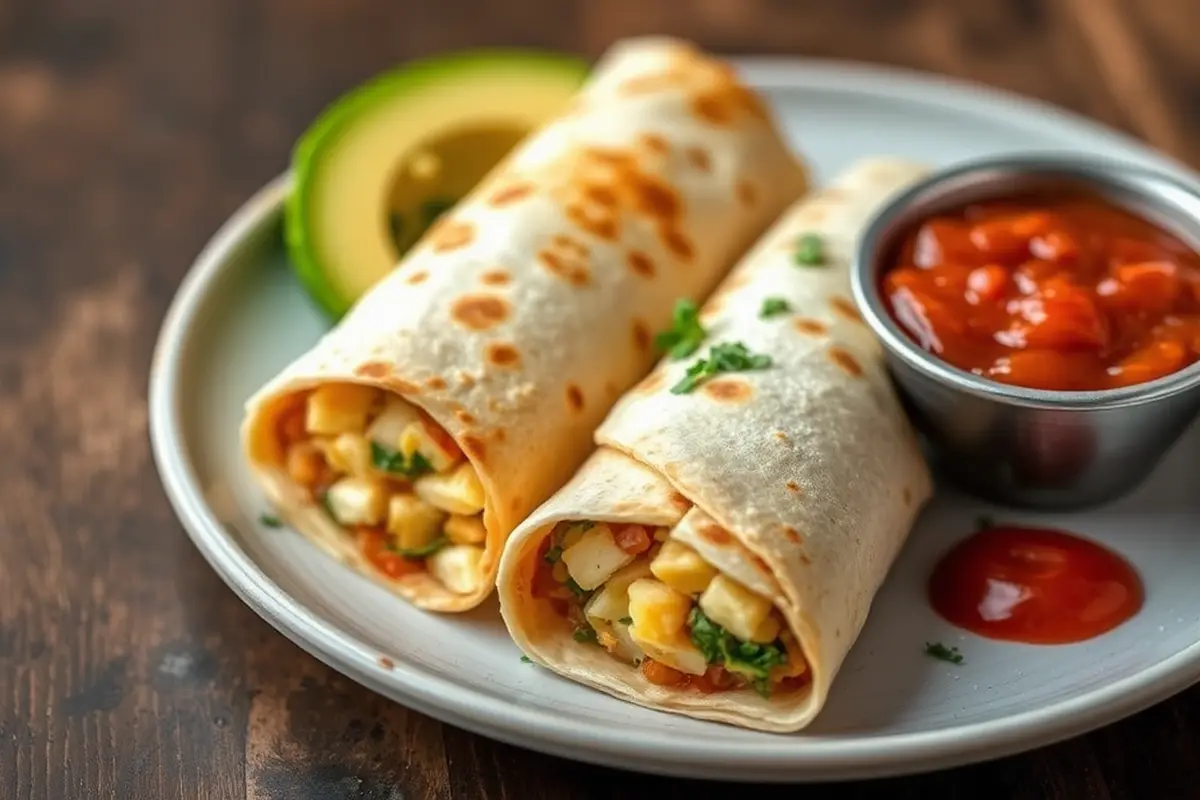 Breakfast burrito served with salsa and avocado slices