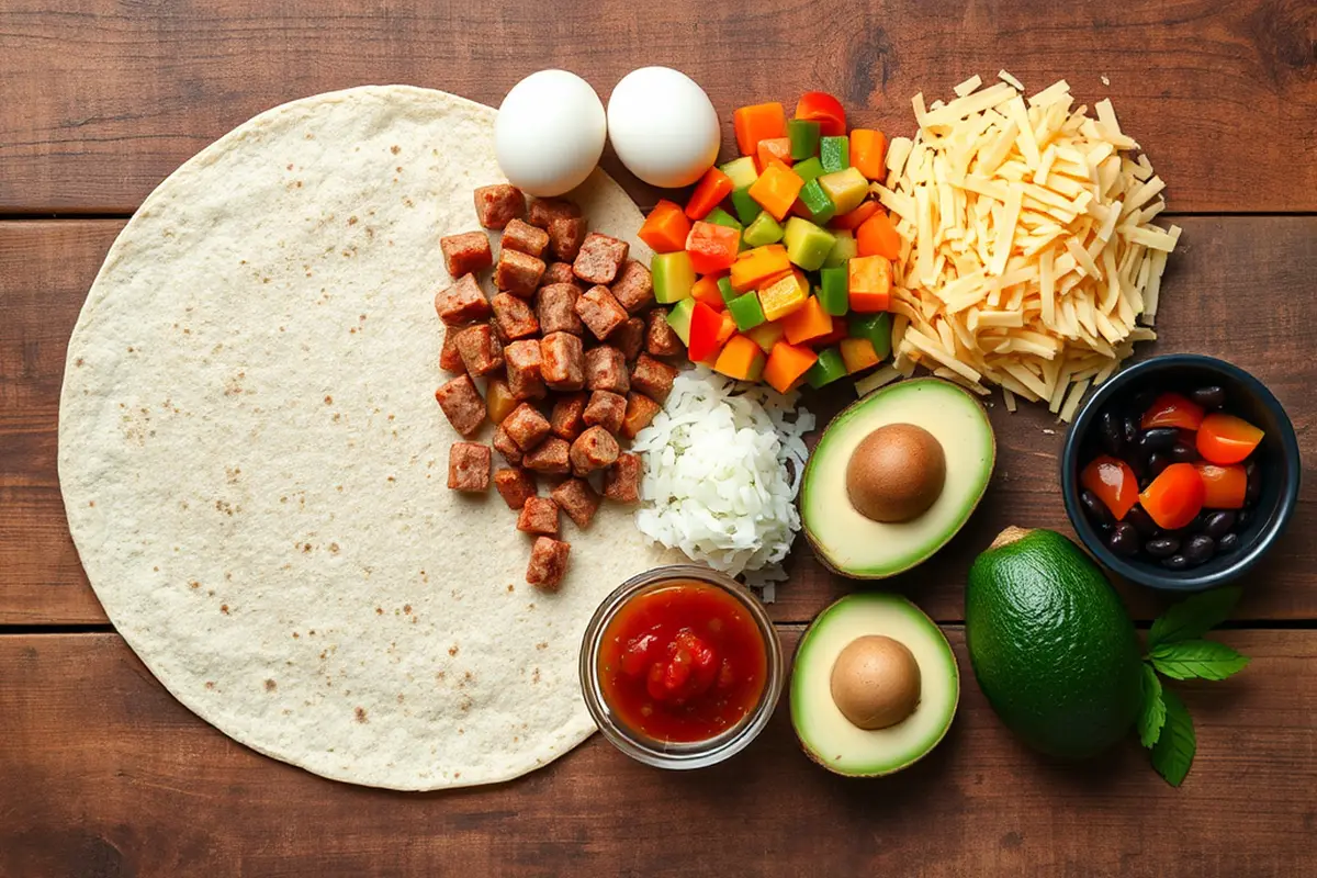 Fresh ingredients for breakfast burrito on a rustic wooden table