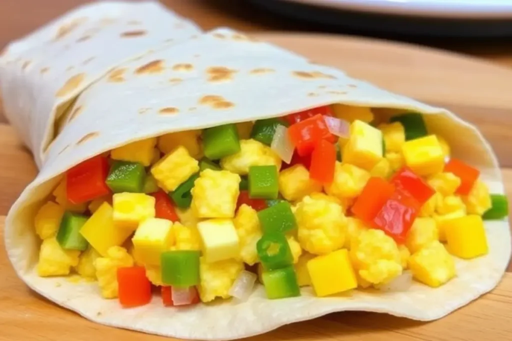 A delicious breakfast burrito overflowing with eggs and vegetables.