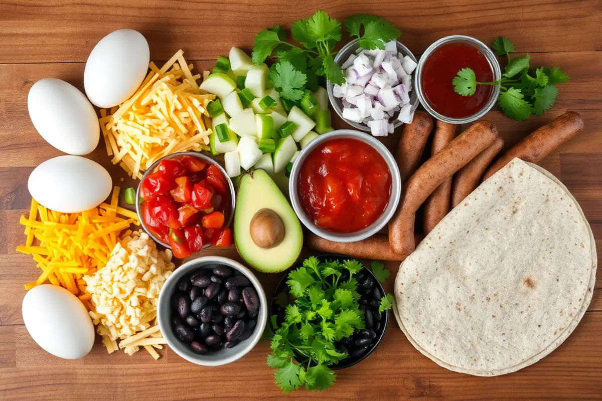 A top-down view of an array of fresh breakfast burrito ingredients.