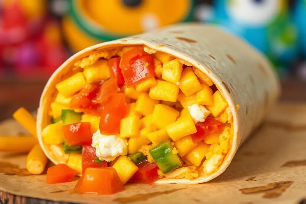 Close-up of a breakfast burrito filled with eggs, cheese, and salsa.