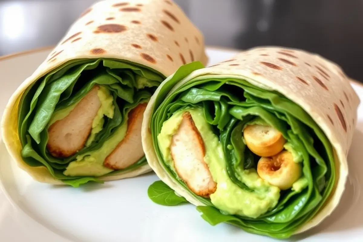 Close-up image of a healthy breakfast wrap with spinach, chicken, and avocado.