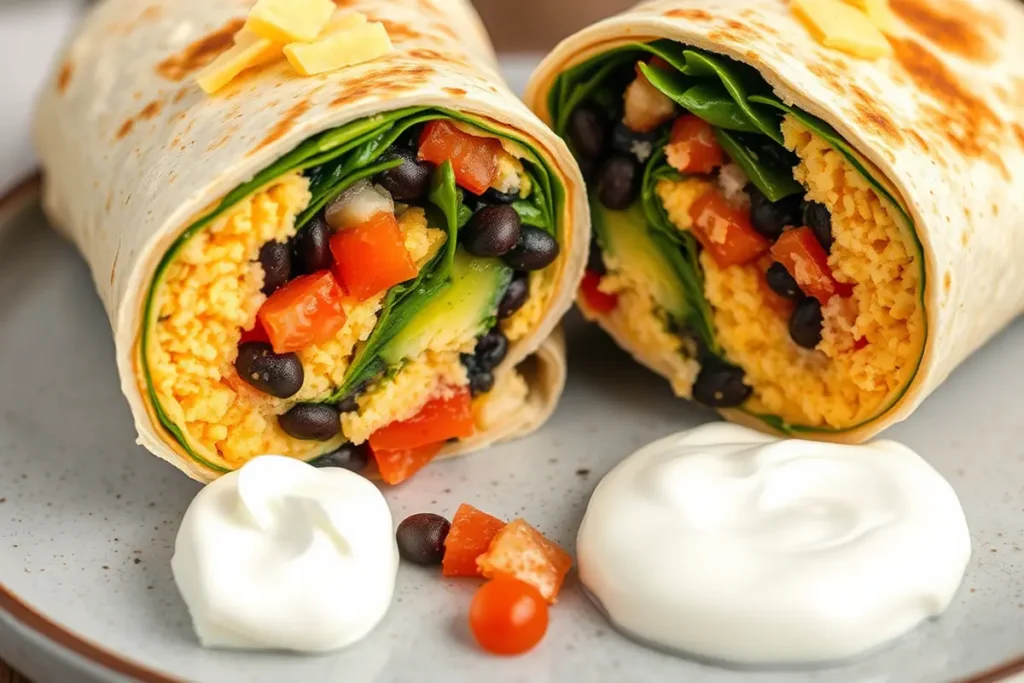 Healthy breakfast burrito filled with eggs, beans, and avocado.