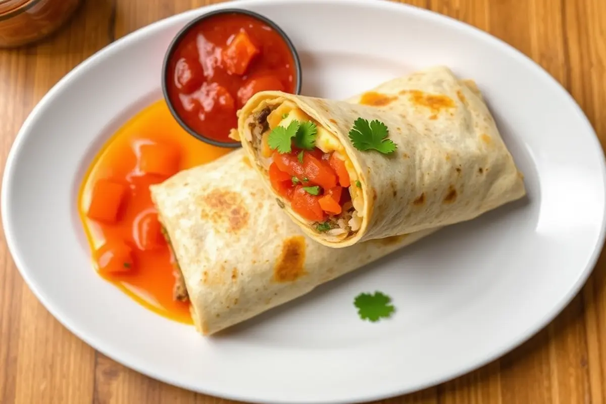 Overhead view of a colorful breakfast burrito and fresh salsa.