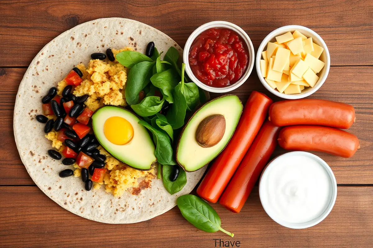 Fresh ingredients for a healthy breakfast burrito arranged beautifully.