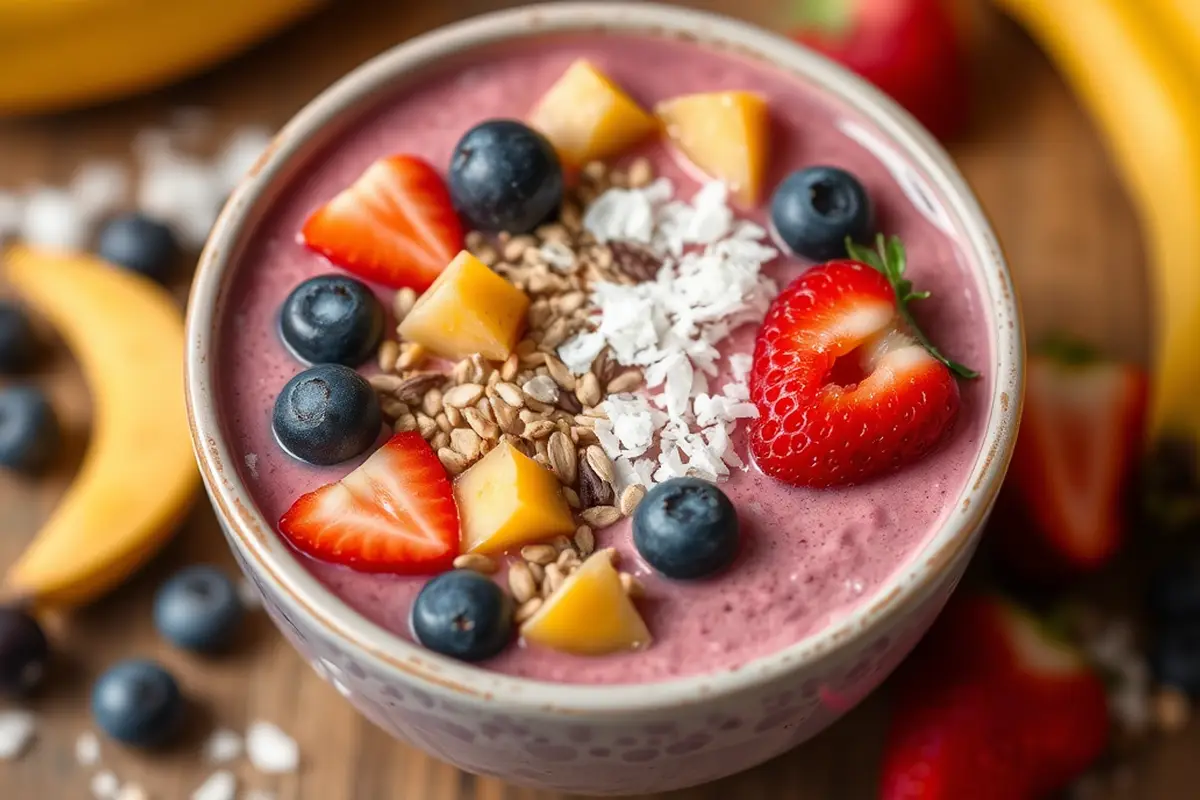 Vibrant smoothie bowl topped with fruits and seeds