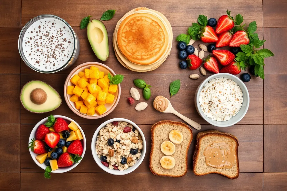 An artistic display of various vegan breakfast ingredients