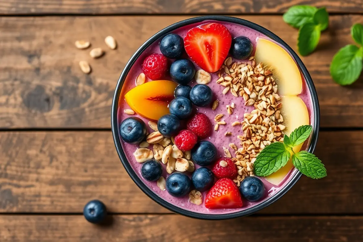 Vibrant vegan smoothie bowl with fresh fruits and seeds.