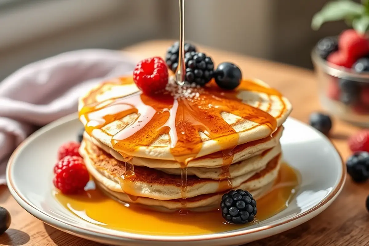 What foods do vegans eat for breakfast? Fluffy vegan pancakes with berries and syrup.