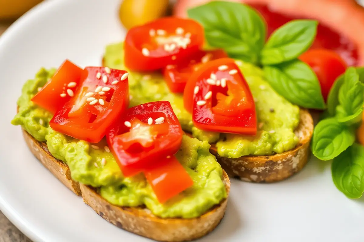 Avocado toast with tomatoes and fresh fruit on a plate.