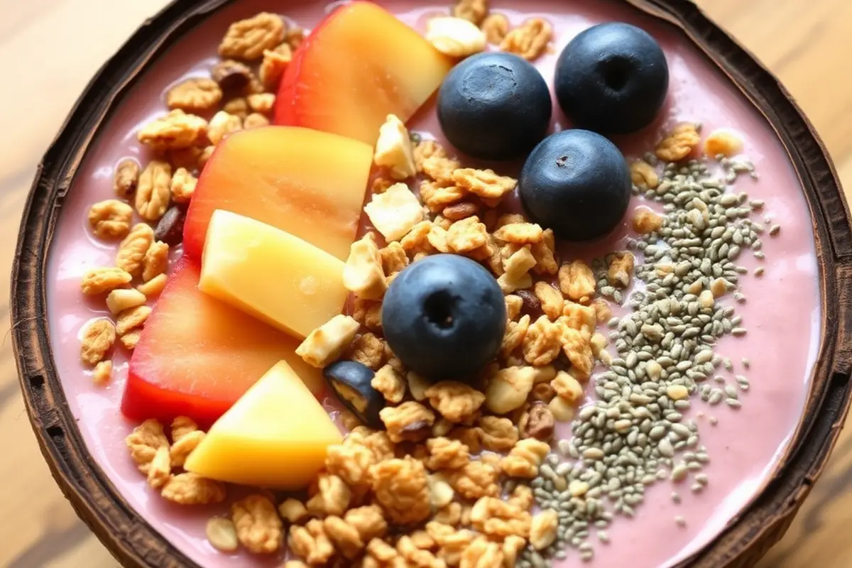 What is a typical vegetarian breakfast? Colorful smoothie bowl with fruits and granola.